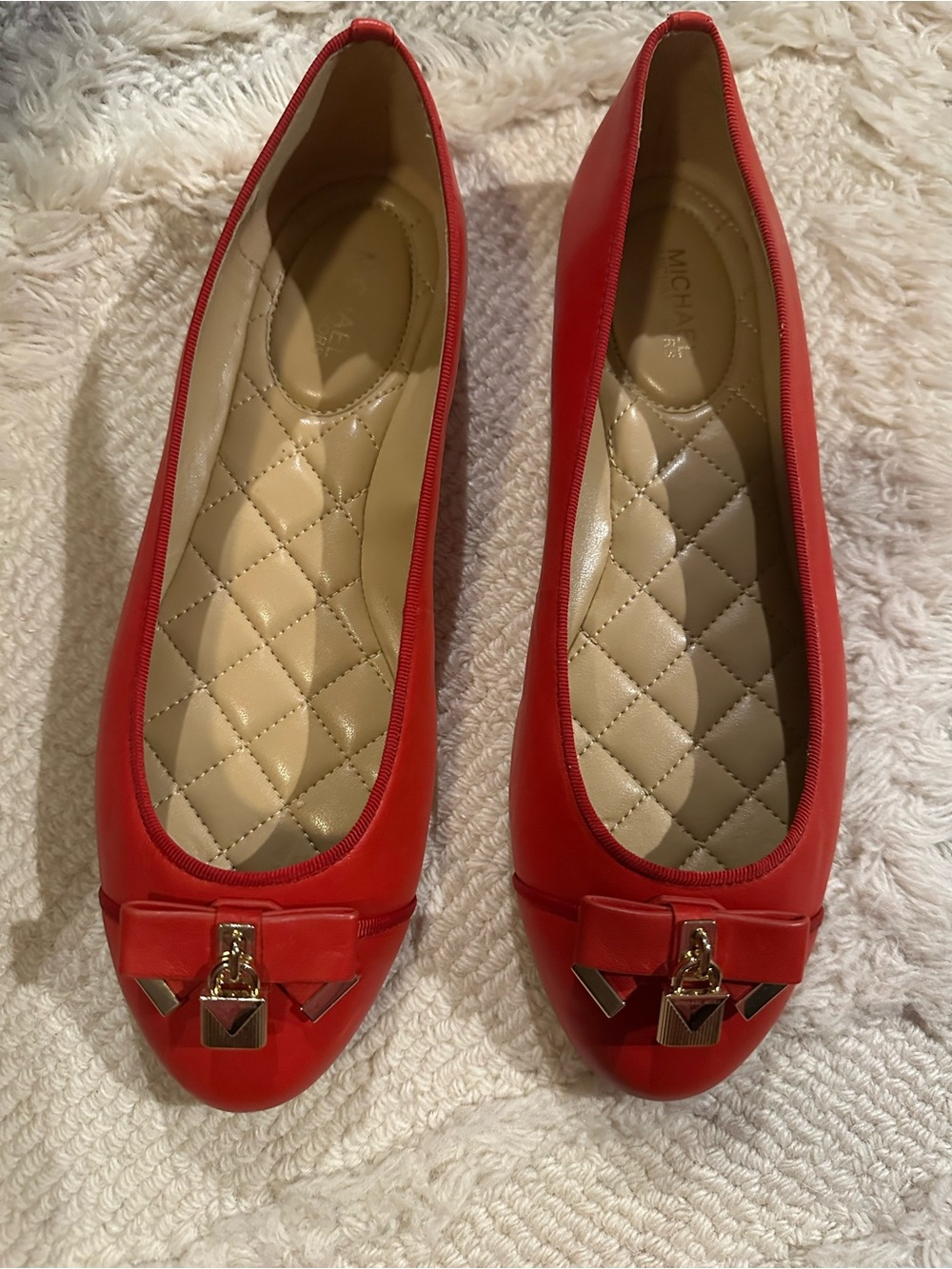 Michael Kors Red Quilted-Insole Bow Ballet Flats with Gold Accent